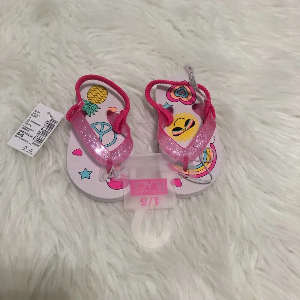 The Childrens Place Toddler Girls‎ Pink Glitter Graphic Flip Flops Size 4-5 NWT